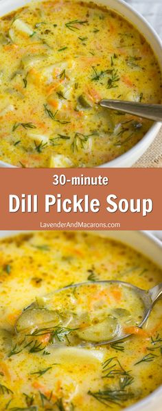 two bowls filled with dill pickle soup on top of a table