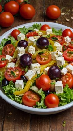 a salad with tomatoes, olives and feta cheese in a white bowl on a wooden table