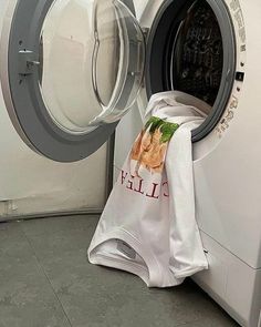 a laundry bag sitting on top of a washing machine