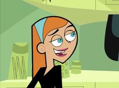 an animated woman with red hair and blue eyes