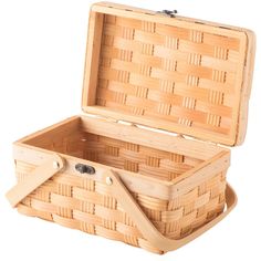 an empty wicker box with lid on white background