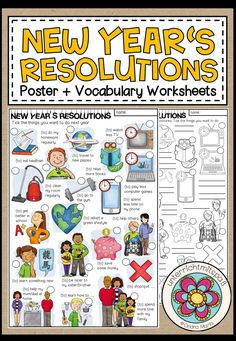 the new year's resolution poster is shown with pictures of people and their activities