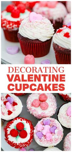 valentine's day cupcakes with white frosting and red sprinkles