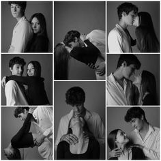 black and white photo collage of people kissing in different poses with one woman hugging the other