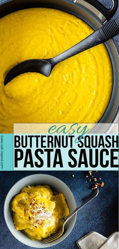 butternut and squash pasta sauce in a bowl with a spoon