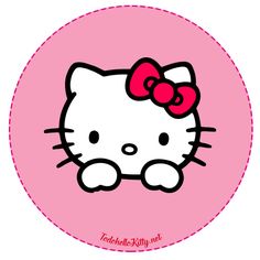 a hello kitty sticker with a bow on it's head in a pink circle