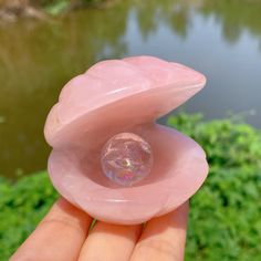 a hand holding a pink crystal ball in front of a body of water and grass