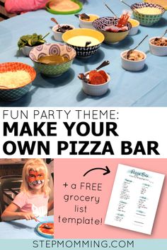 a table with pizzas and other food items on it, the text reads fun party theme make your own pizza bar