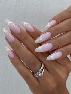 Almond-shaped pale pink nails with white French tips and swirls Pink And White Nails, White Almond Nails, Pink White Nails, Pale Pink Nails, Long Almond Nails, Baby Pink Nails, Pink Manicure, Almond Nails Designs