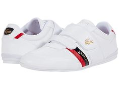 Lacoste Misano Strap 0120 1 - Men's Shoes : White/Red : The Lacoste Misano Strap 0120 1 sneakers are too cool to pass up on. The low-profile sneaker has a leather and synthetic upper with dual hook-and-loop straps for easy on-and-off wear. Man-made lining and insole. Flexible rubber outsole. Imported. Measurements: Weight: 10 oz Product measurements were taken using size 9, width M. Please note that measurements may vary by size. Weight of footwear is based on a single item, not a pair. Low-top Leather Sneakers Scratch-resistant, Leather Low-top Scratch-resistant Sneakers, Mens Lacoste, Waist Pack, Shoes White, Puma Sneaker, Low Profile, Men's Shoes, Sneakers