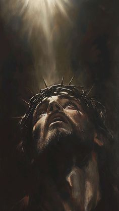 a painting of the face of jesus with sunlight coming from behind him and shining down on his head