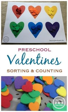 preschool valentine's day sorting and counting activity with paper hearts on the top, and text overlay that reads preschool valentines sorting and counting