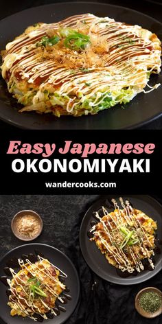 an easy japanese omelet is served on black plates with sauces and garnishes