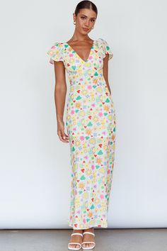 Shop the Long Summer Flutter Sleeve Maxi Dress Printed White | Selfie Leslie White Mules, Long Summer Dresses Maxi, Yellow Bridesmaids, Lunch Date, Blue Bridesmaids, Summer Maxi, Date Night Dresses, Clothing Tags, Iron Material