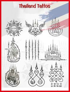 thai tattoo designs and symbols on white paper