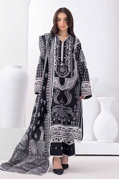 Gulahmed MJ-32062 Blanche Noire Black And White Collection Asian Designers, Unstitched Dress Material, Gul Ahmed, Unstitched Suits, Lawn Shirts, Ladies Clothing, Lawn Suits, Shalwar Kameez, Black And White Aesthetic