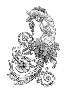 a black and white drawing of a woman with grapes on her head, surrounded by vines