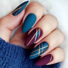 Winter Navy Nails, Navy Christmas Nail Designs, Dark Winter Nails With Design, Blue And Burgundy Nails, Winter Party Nails, Beautiful Christmas Nails, Navy Tip Nails, Winter Matte Nails Colors, Blue And Maroon Nails