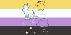 two unicorns standing next to each other on a rainbow colored background with stars and clouds