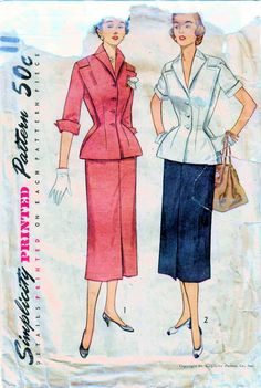 SIMPLICITY 8404: Use this early 1950s vintage sewing pattern for misses to sew a chic two piece dress or suit with very fitted jacket or top with eye-catching 3D style and peplum flare, and slim skirt. SIZE INFORMATION: Misses Size 12 Bust 30 inches Waist 25 inches Hip 33 inches PATTERN CONDITION: COMPLETE, USED Includes instructions and all pattern pieces (cut and in very good used condition) GARMENT INFORMATION: Skirt details: - slim and slightly flared - dart-fitted at waistline (front and ba Retro Fitted Sewing Pattern For Dressmaking, Vintage Fitted Sewing Pattern, Suit Sewing Patterns, Fashion 50s, Slim Skirt, Vintage Suits, Dress Fitted, Antique Clothing, Vintage Couture