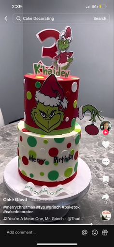 a three tiered cake with the number 3 on it's top and an image of dr seuss