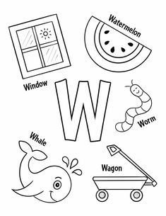 the letter w is for watermelon and other things that are outlined in black and white