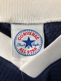 "late 90s converse wide shoulder v-neck jersey tank. deadstock. NWT. navy blue, red & white. white screen printed chest logo. in excellent, unworn condition. it's converse for comfort. 32\" long. 24\" across. legit. legitvintage.etsy.com legitvintage on instagram" Star Tank Top Y2k, Retro Converse Cotton High-top Sneakers, Converse One Star Navy, Union Jack Tank Top, Vintage Converse, Vintage Navy Cotton T-shirt, Softball Shirt, Mark Price, Late 90s