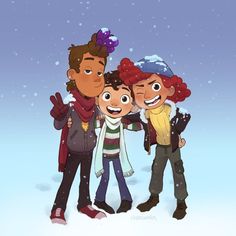 three people are standing in the snow with their arms around each other and one person is giving the peace sign