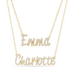 two name necklaces with diamonds on the bottom, and one is gold plated