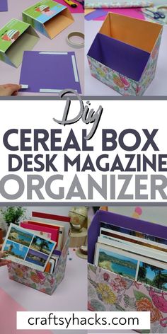 several pictures of different boxes with the words cereal box desk magazine organizer on top and bottom