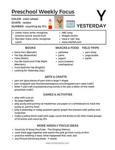 a poster with words and pictures on it that say preschool weekly focus, which includes activities for