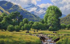 a painting of cows grazing in a field with mountains in the background and water running through it