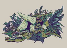 an image of plants and animals in the grass with one animal's head sticking out