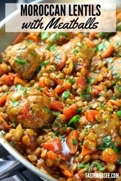 moroccan lentils with meatballs in a skillet