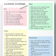 the cleaning schedule is shown in three different colors and font options for each type of item