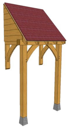 a wooden gazebo with a red roof and shinning on the top, in front of a white background