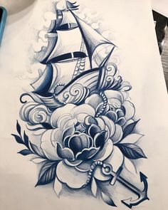 a drawing of a sailboat with roses and an anchor on the bottom half of it