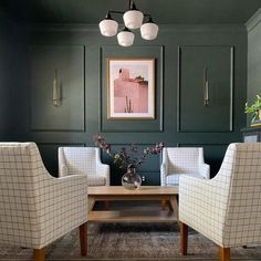 a living room with two chairs and a coffee table in front of a painting on the wall