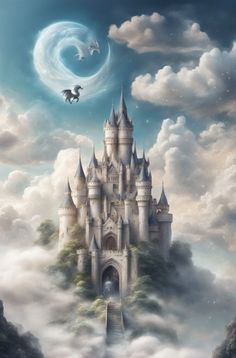 a castle in the clouds with a dragon flying over it