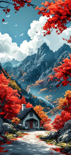 a painting of a house in the mountains surrounded by fall foliage and trees with red leaves