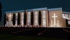 an artist's rendering of a church at night with the lights on and trees in front