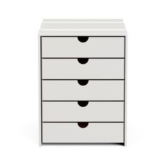 a white dresser with four drawers and black knobs on the front, against a white background