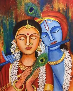 a painting of a woman holding a peacock next to a man with a blue face