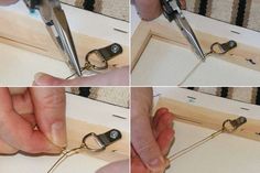 four pictures showing how to use scissors for sewing on canvass and wood frame with string