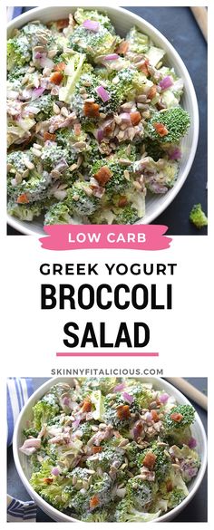 broccoli salad in a bowl with text overlay