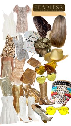 a collage of clothes and accessories with the words fearless written on them in gold