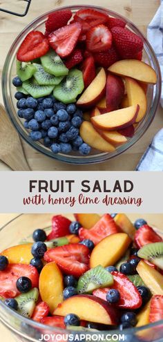 fruit salad with honey lime dressing in a glass bowl