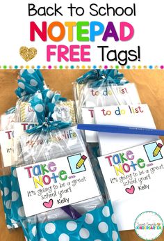 back to school notepad tags with blue polka dots on them and the words, take note