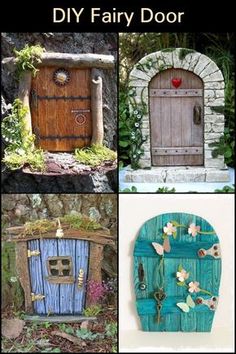 four different pictures with the words diy fairy door