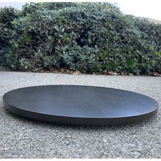 a black circular object sitting on top of a cement ground next to bushes and shrubbery